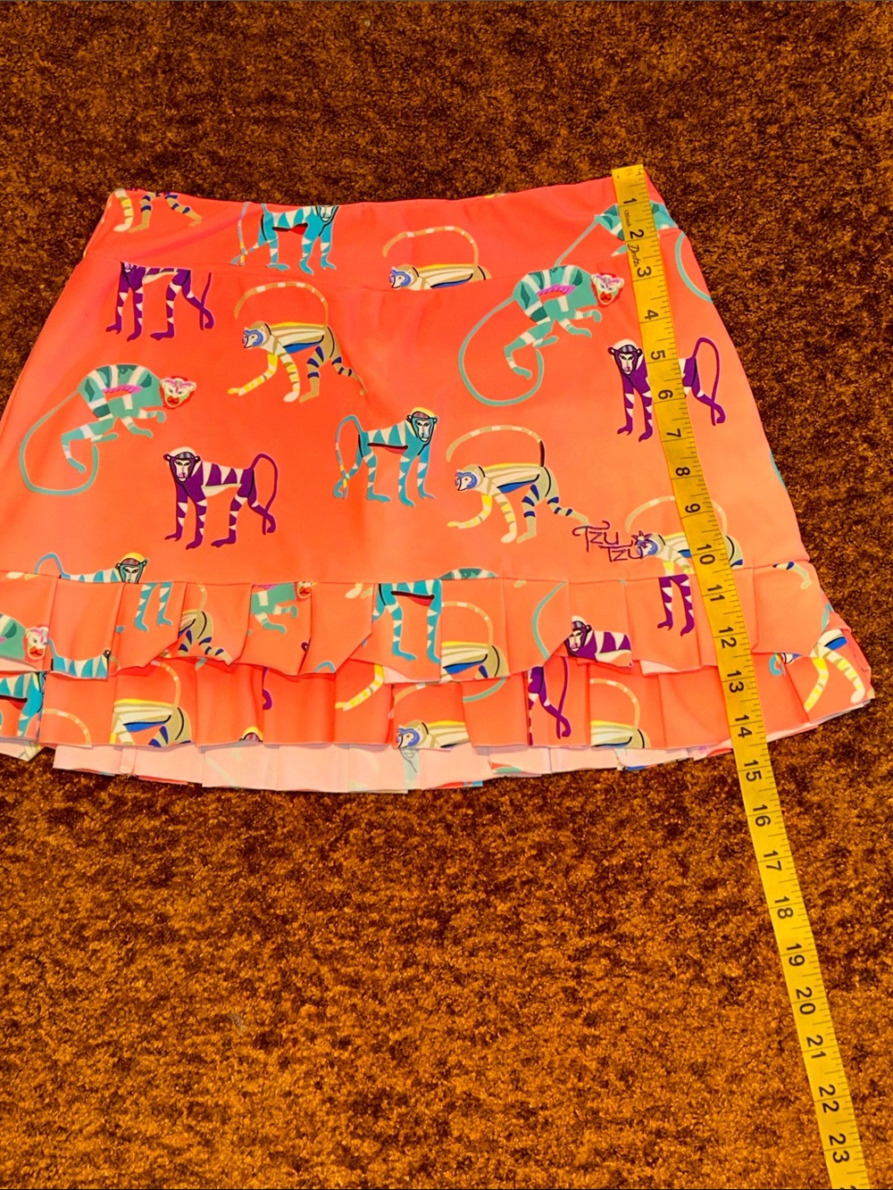 Tzu Tzu Coral Mini Skirt with Multicolor Monkey Motif - Picture 3 of 6